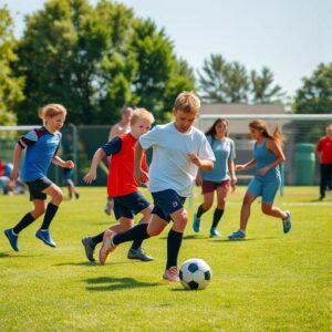 Children and adults of all ages playing a game of football on green grass in a village setting on a sunny day.